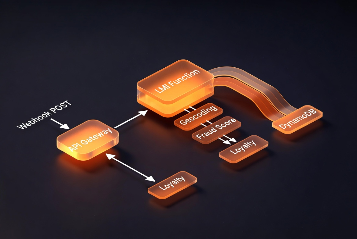 Webhook processor architecture: API Gateway routes to an LMI Lambda function that calls three downstream services concurrently and writes to DynamoDB