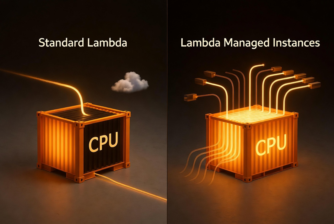 Standard Lambda vs Lambda Managed Instances: with LMI, multiple invocations share the same execution environment, using the CPU while others wait on I/O